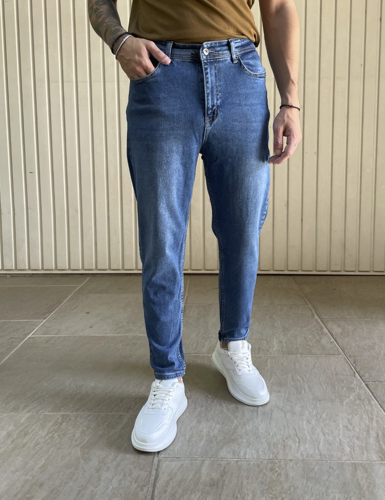 Ανδρικό μπλε ελαστικό loose τζιν πεντάτσεπο με φερμουάρ 8756 φωτογραφία